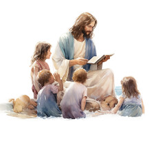 Watercolor print of Jesus, family sitting on the floor with a laptop