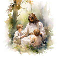 Watercolor print of Jesus, parent and children