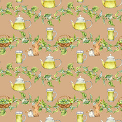 Nettle watercolor and glass teapot, basket seamless pattern isolated on pink. Herbal plant Urticaria dioica with kitchen utensils. Stinging plant hand drawn. Design for textile, packaging, wrapping