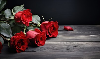 A group of red roses placed on top of a wooden table.