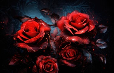 A photo showcasing three vibrant red roses placed against a striking black background.