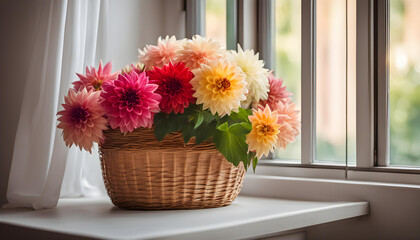 Colorful Dahlia flowers in wicker basket near window.