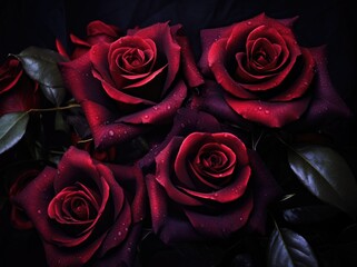A cluster of red roses covered in sparkling water droplets, showcasing their natural beauty.