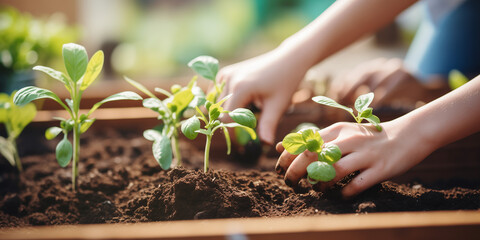 Develop a vibrant blurred background for a school garden, featuring students planting, watering, and caring for plants. - obrazy, fototapety, plakaty