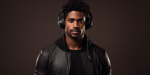Obraz premium Stylish Portrait: African-American Man in Fashionable Jacket and Headphones, Channeling the Spirit of American Music as a DJ