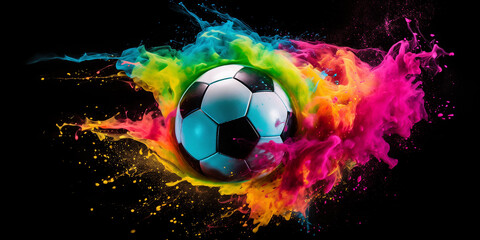 Neon Explosion: Football Surrounded by Vibrant Colored Powder, Creating a Dazzling Display Against a Black Background