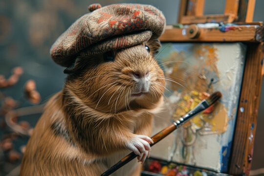 Cute and cuddly illustration of a guinea pig influencer as a painter, with a tiny beret and paintbrush, in front of a colorful canvas, showcasing artistic talent in pet portraits