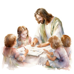 Watercolor print of Jesus, parent and children