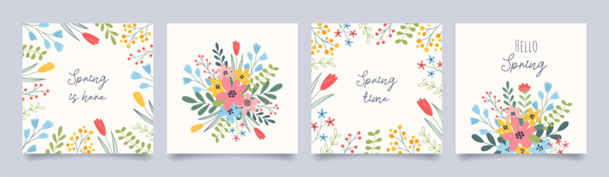 Set of trendy spring floral backgrounds. Minimalist design with floral elements. Vector template for greeting card, banner, poster, invitation, social media post.