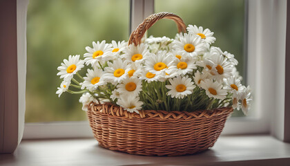 White Daisy flowers in wicker basket near window