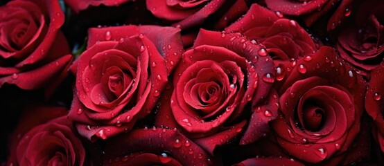 A bunch of vibrant red roses with water droplets glistening on their petals, creating a captivating sight.