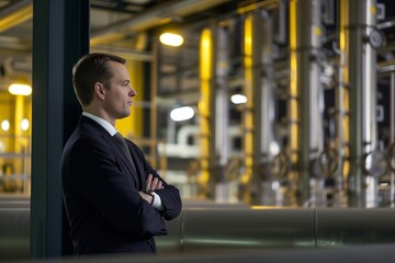 executive with arms crossed staring at distillation columns in refinery