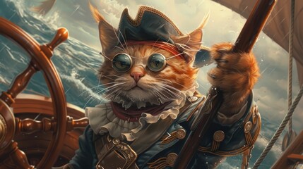 Illustration of cat influencer as pirate captain, steering ship through stormy seas, with cute and adventurous theme for pet portraits