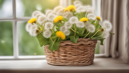 yellow and white Dandelion flowers in wicker basket near window.