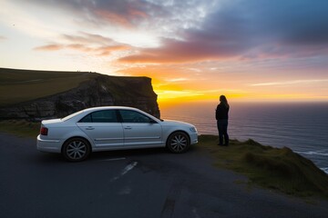 Fototapeta na wymiar person standing by a white sedan at cliff edge, sunset background