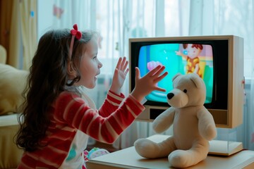 girl with a stuffed animal mimicking actions seen on a childrens tv program