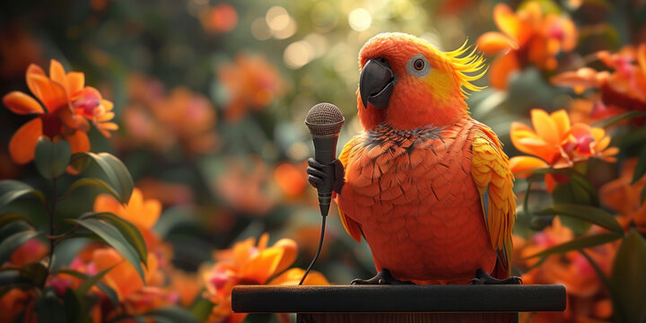 Petfluencer illustration of parrot influencer giving TED Talk, with miniature microphone and lectern, incorporating humor and intelligence in cute pet portrait