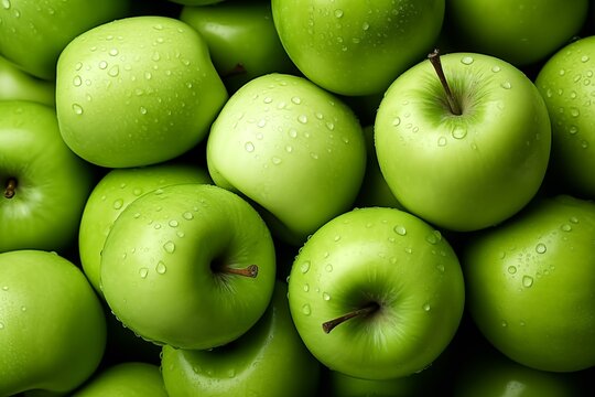 Pile of Crisp Green Apples with Water Droplets