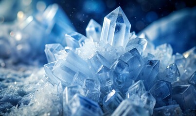 A macro shot of crystallized ice, capturing its delicate, intricate textures.
