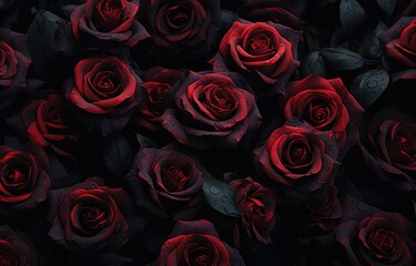 A photo of a group of red roses illuminated in the darkness, showcasing their vibrant color and delicate petals.