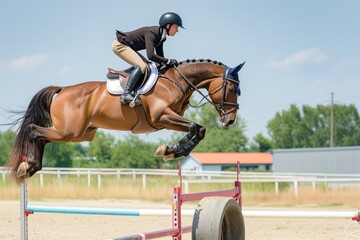 rider in equestrian attire on a horse leaping a barrel jump