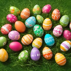 Naklejka premium Funny easter eggs in green grass. Cute decoration.