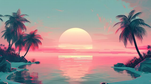 Retro computing and digital nature merge in vaporwave beach scene, pixelated palms and gradient sunsets in flat design