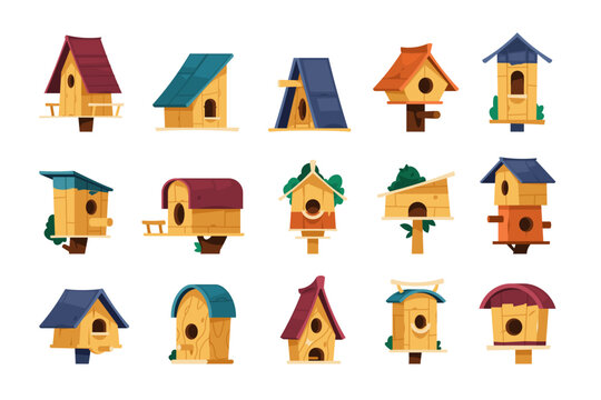Bird house. Cartoon wooden nest with eggs, cute childish wooden dwelling birdhouse for spring and summer season. Vector set