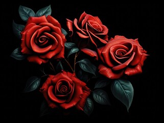 Three vibrant red roses, accompanied by lush green leaves, stand out against a striking black background.