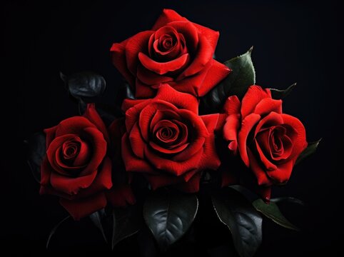 A photo featuring a vibrant bouquet of red roses arranged on a solid black background.