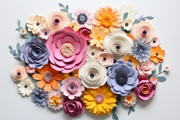 A collection of paper flowers arranged neatly on a white surface, creating a vibrant and colorful display.