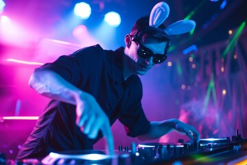 dj with bunny ears mixing tracks, neonlit club, rocking dark shades
