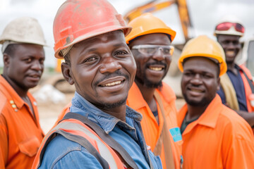 Group of happy workers in hard hats and construction uniforms at a construction site