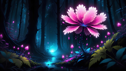 bioluminescent pink flower fabulous night forest