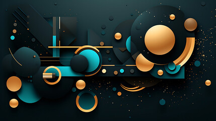 3D abstract black gold and teal colored geometric.