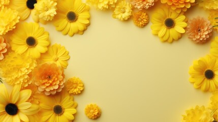 A composition of flowers. Flowers on a yellow background. The concept of spring, summer, top view, space for text.