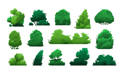 Cartoon bushes. Green shrubs and trees for garden, hedge and field, floristic decorative elements in flat style. Vector isolated set - obrazy, fototapety, plakaty