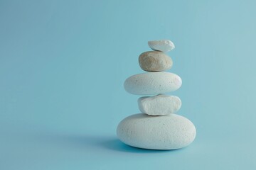 Fototapeta na wymiar Aufeinander gestapelte Steine vor blauem Hintergrund, Symbol für Balance und Meditation 