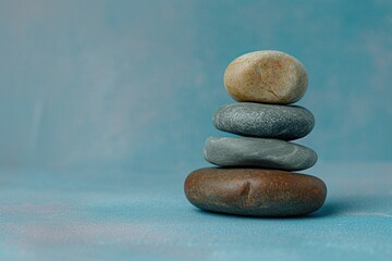 Fototapeta na wymiar Aufeinander gestapelte Steine vor blauem Hintergrund, Symbol für Balance und Meditation 