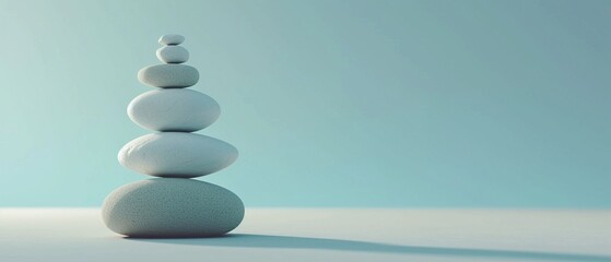 Aufeinander gestapelte Steine vor blauem Hintergrund, Symbol für Balance und Meditation 