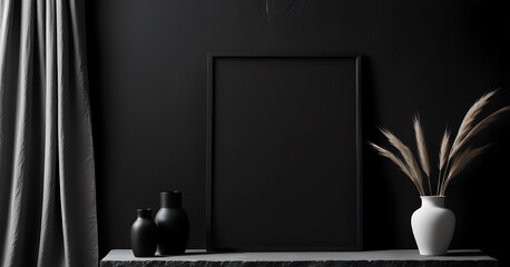 esthetic home interior with blank black picture frame on a stone tabletop black wall linen curtain and Scandinavian style room background. close up