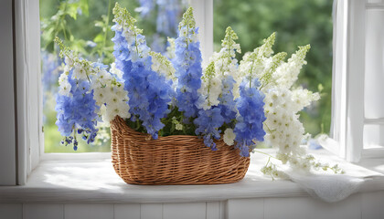 Blue and white Delphinium flowers in wicker basket near window.