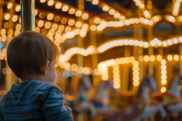 Fototapeta na wymiar child watching carousel at night with lights blurred in motion