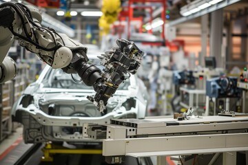 industrial robot moving car parts in assembly line
