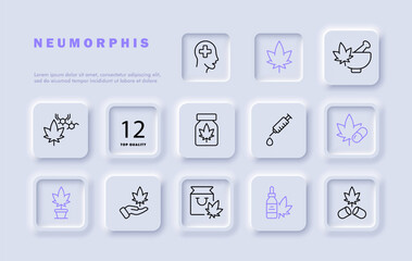 Medicine set line icon. Mortar, pestle, syringe, maple, natural ingredients, tablets, pot. Neomorphism style. Vector line icon for business and advertising