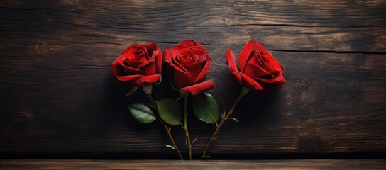 Three vibrant red roses elegantly placed on top of a sturdy wooden table, creating a beautiful contrast between nature and craftsmanship. - Powered by Adobe