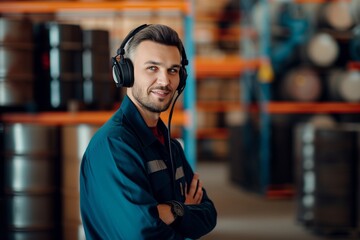 warehouse manager with a headset by oil barrels