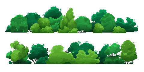 Cartoon green hedge. Floral shrub with leaves, botanical garden plants with branches, simple stylized bush fence. Vector isolated set