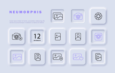 Gallery set line icon. Camera, selfie, lens, contacts, avatar. Neumorphism style. Vector line icon for business and advertising