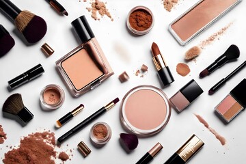 Makeup products on solid white background